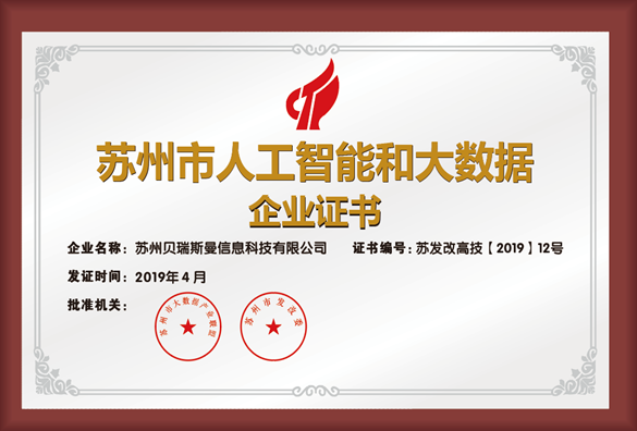 蘇州市人工智能和大數(shù)據(jù)企業(yè)證書(shū)